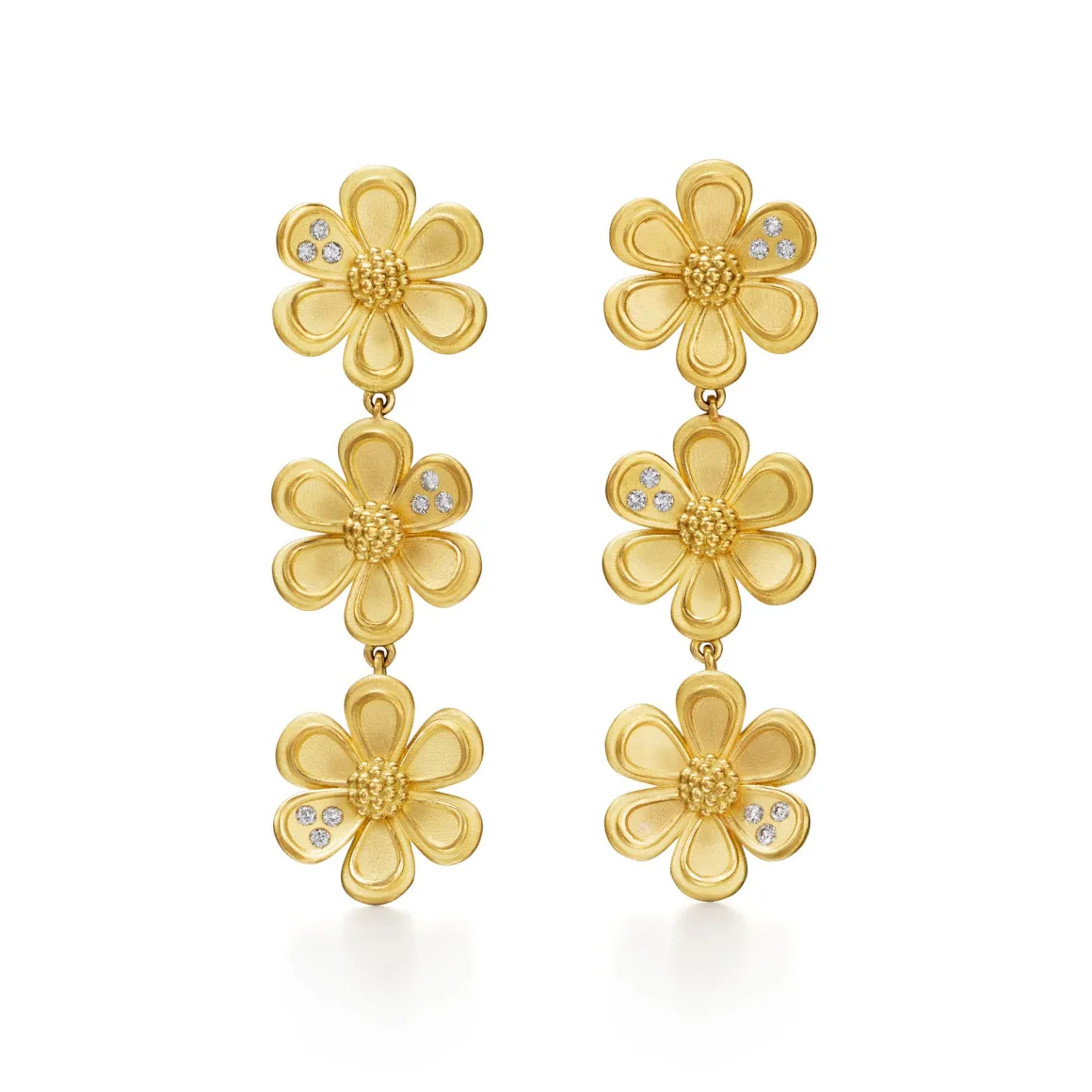 18K GOLDEN FLOWER TRIPLE DROP EARRINGS
