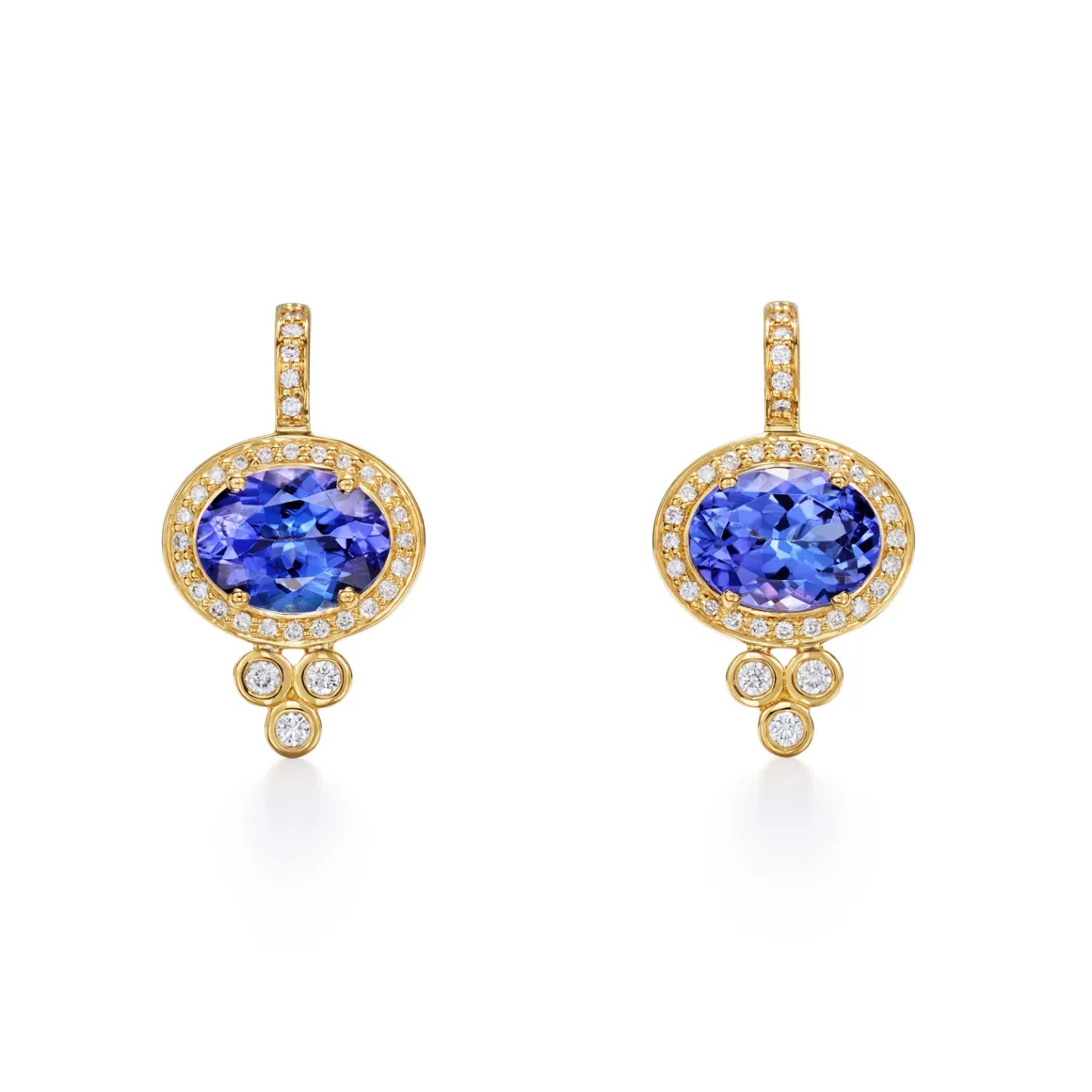 18K TANZANITE HALO PYRAMID EARRINGS
